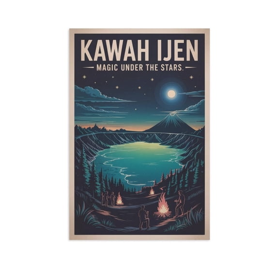 Kawah Ijen Magic Under The Stars Java Indonesia Vintage Travel Poster Retro Volcano Night Landscape Canvas Poster