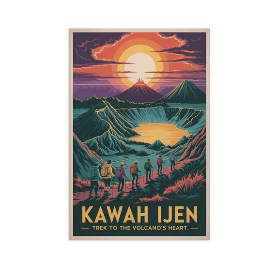 Kawah Ijen Trek to The Volcano Heart Java Indonesia Vintage Travel Poster Retro Hiking Wall Art Print Poster