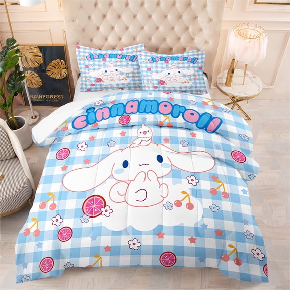 Kawaii 3-Piece Blue Checkered Cinnamoroll Comforter Bedding Sets, Twin/Twin XL