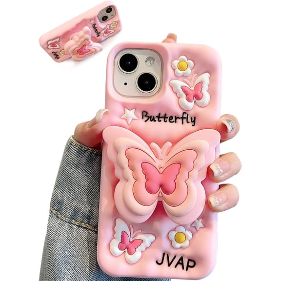 Kawaii 3D Butterfly Phone Case for iPhone 15 Pro Max (with Retractable Phone Stand & Grip) Cute Girly Cartoon Soft Silicone Phone Cover for Girls, Boys, Kids, Teens, and Women, Pink