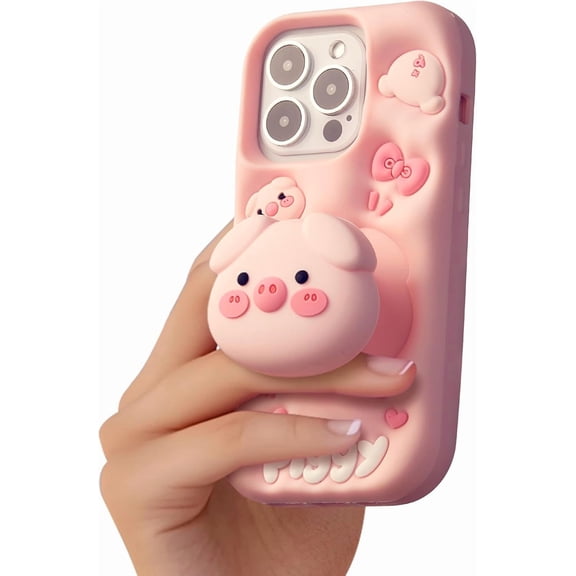 Kawaii 3D Pig Phone Case with Stand and Grip for iPhone 16 Pro, Cute Cartoon Animal Phone Cover for Girls, Boys, Kids, Teens, and Womens Pink