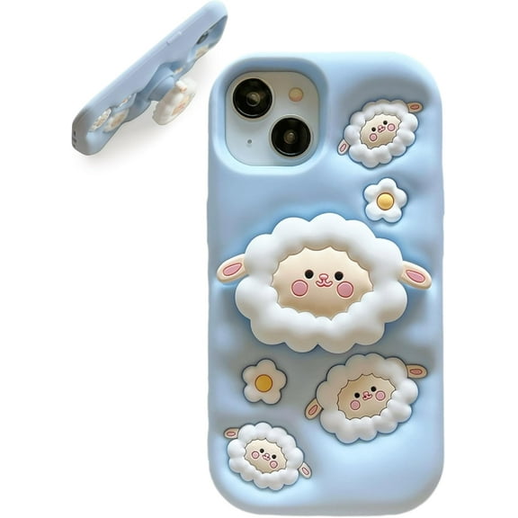 Kawaii 3D Sheep Phone Case for iPhone 14 Pro Max (with Retractable Phone Stand & Grip) Cute Girly Cartoon Soft Silicone Phone Cover for Girls, Kids, Teens, and Women, Blue