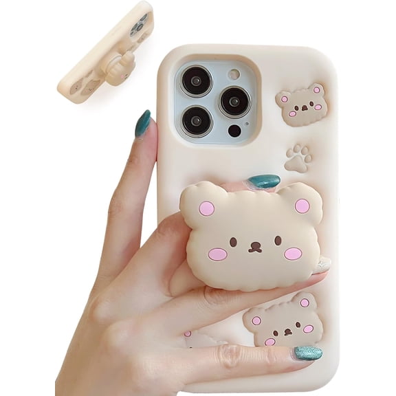 Kawaii 3D Teddy Bear Phone Case for 17 Pro Max (with Retractable Phone Stand & Grip) Cute Girly Cartoon Soft Silicone Phone Cover for Girls, Kids, Teens, and Women, Beige