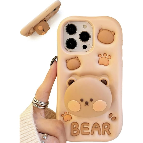 Kawaii 3D Teddy Bear Phone Case for iPhone 13 (with Stand and Grip) Cute Girly Cartoon Animal Phone Cover for Girls, Boys, Kids, Teens, and Women, Tan
