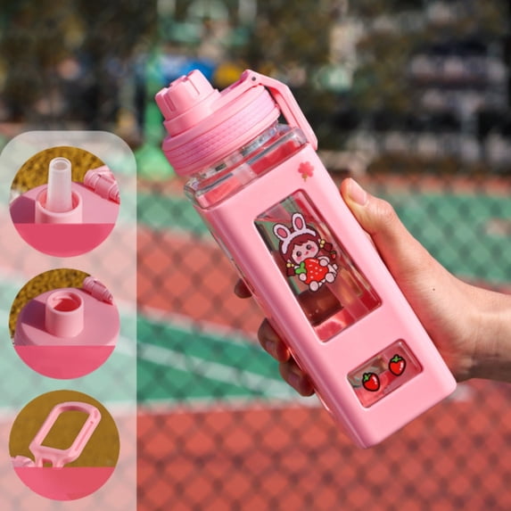 Kawaii 600ml Double-Wall Plastic Water Bottle with Cute Stickers, Leakproof Drinking Cup for School and Gym in Pink