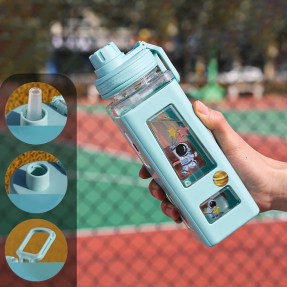 Kawaii 600ml Double-Wall Plastic Water Bottle with Cute Stickers, Leakproof Drinking Cup for School and Gym in Teal