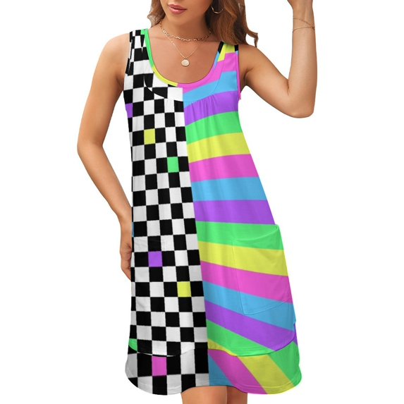 Kawaii 80's Pattern 1 Sleeveless U-Neck Fake Two Piece Dress prom dresses party dress women elegant luxury