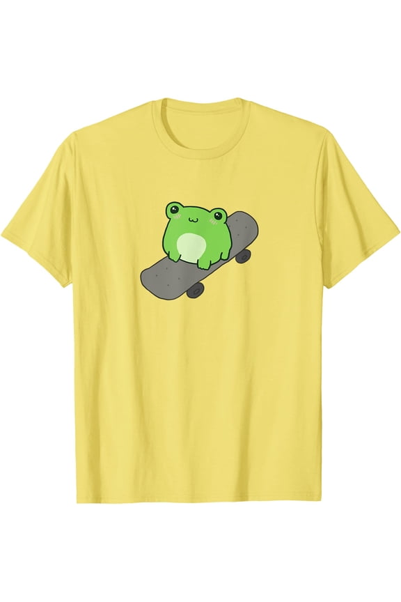 Kawaii Aesthetic Cute Frog on Skateboard Amphibian Lover Unisex T-Shirt for Men Women Kids,Cornsilk Color,Size YM