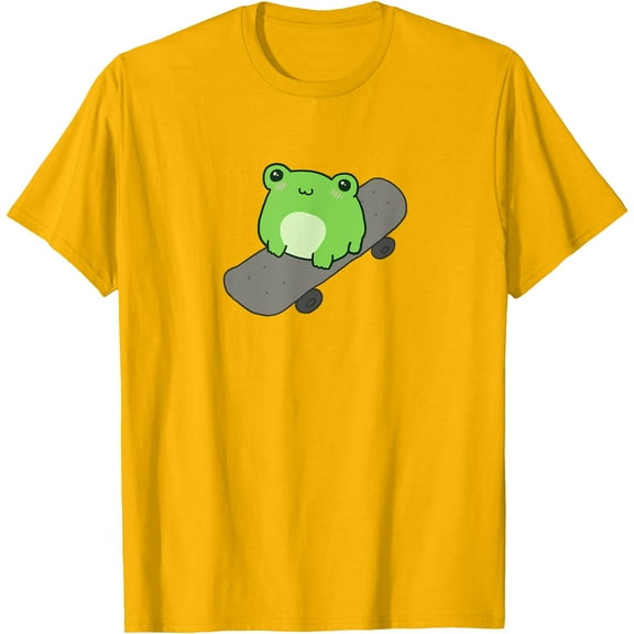 Kawaii Aesthetic Cute Frog on Skateboard Amphibian Lover Unisex T-Shirt for Men Women Kids,Gold Color,Size L