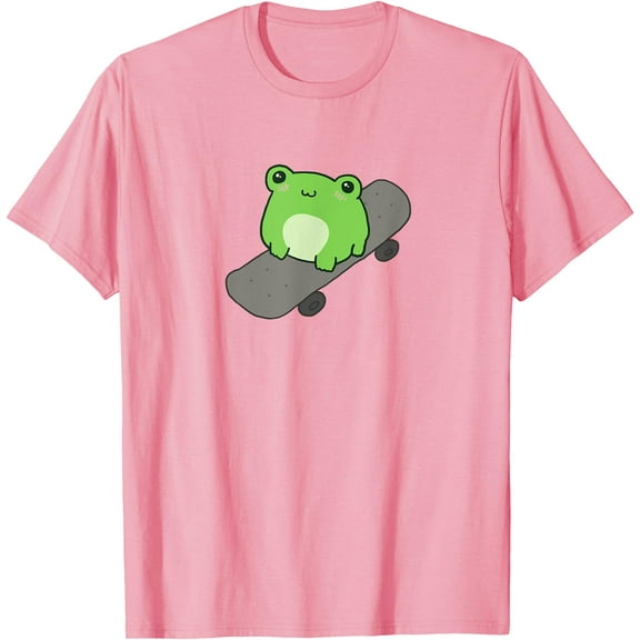 Kawaii Aesthetic Cute Frog on Skateboard Amphibian Lover Unisex T-Shirt for Men Women Kids,Light Pink Color,Size L