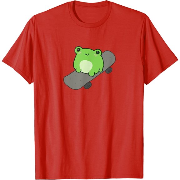 Kawaii Aesthetic Cute Frog on Skateboard Amphibian Lover Unisex T-Shirt for Men Women Kids,Red Color,Size M