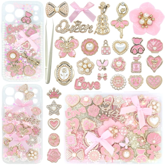 Kawaii Aesthetic Personalization DIY Phone Case & Nail Decor Charms Kit with Pearl,Bows, Rhinestones,Pink and Gold