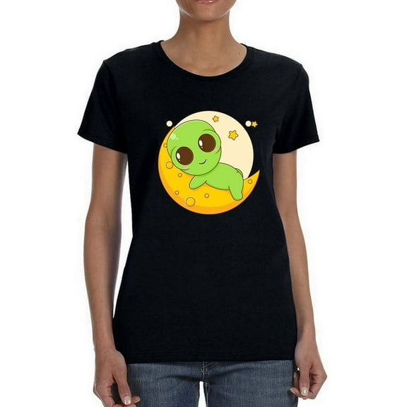 Kawaii Alien Over Moon T-Shirt Shaped T-Shirt Women -Image by Shutterstock, Female 3X-Large