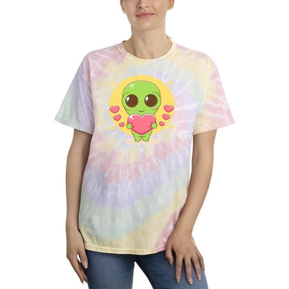 Kawaii Alien W Heart T-Shirt Tie Dye Spiral Women -Image by Shutterstock, Female XX-Large