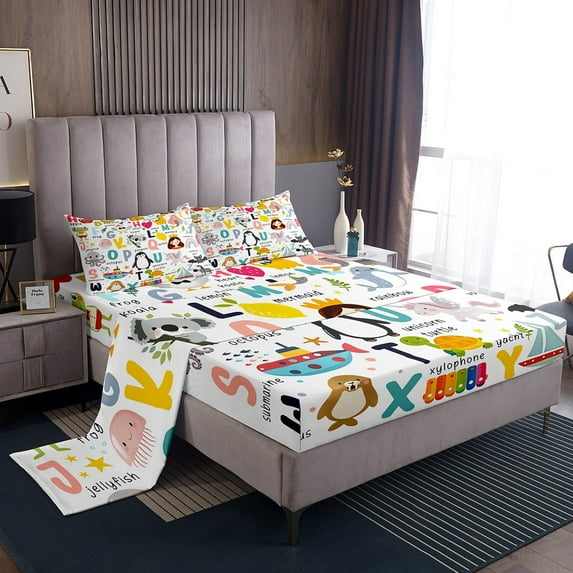 Kawaii Alphabet Twin Size Sheet Sets 3pcs, Cartoon Mermaid Letters Bed Sheets Set For Bedroom, English Words Bed Set, Cute Abc Animals Fruits Room Decor Bedding Set
