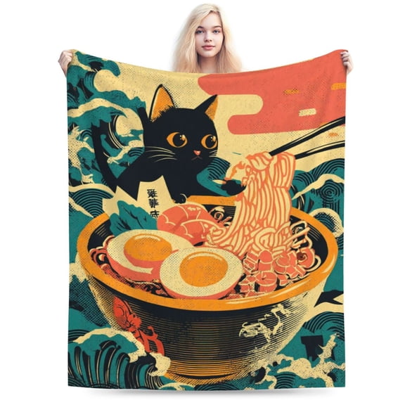 Kawaii Anime Black Cat Ramen Blanket, Japanese Food Art, Soft Flannel Fleece, Gift for Anime Fans 50x40