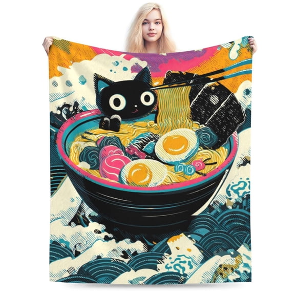 Kawaii Anime Black Cat Ramen Blanket, Japanese Food Art, Soft Flannel Fleece, Gift for Anime Fans 50x40