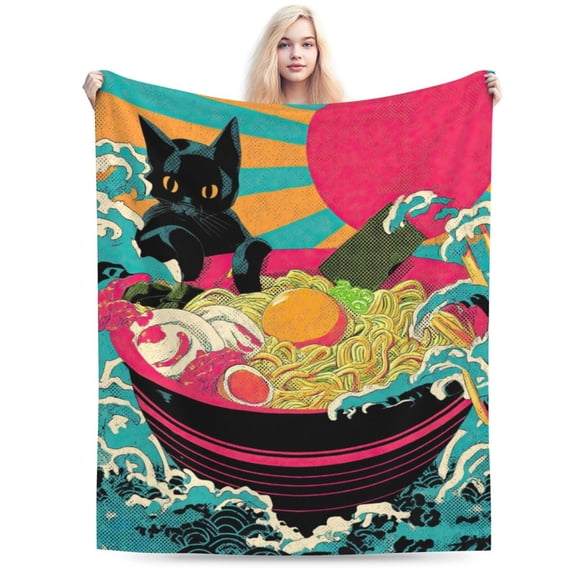 Kawaii Anime Black Cat Ramen Blanket, Japanese Food Art, Soft Flannel Fleece, Gift for Anime Fans 50x40
