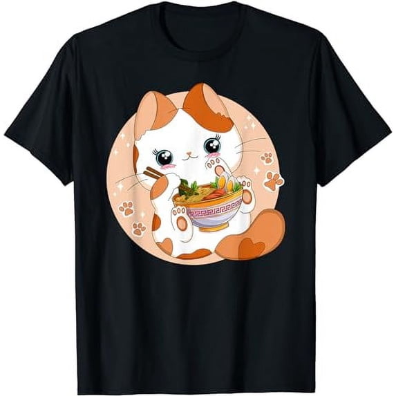 Kawaii Anime Cat Eating Ramen Noodles Cute Cat Japanese Neko T-Shirt