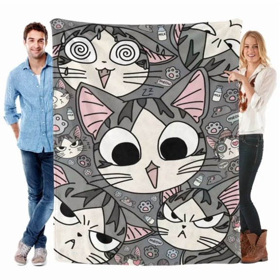 Kawaii Anime Grey Tabby Meme Flannel Blanket - Funny Expression Weeb Cozy Throw, Cute Cat Mom Dorm Living Room Decor