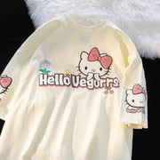 Kawaii Anime Hello Kitty Sanrio Cotton Sweet Short Sleeve T-Shirt Cute Cartoon Ktcat Loose-Fitting Top Girls Clothes