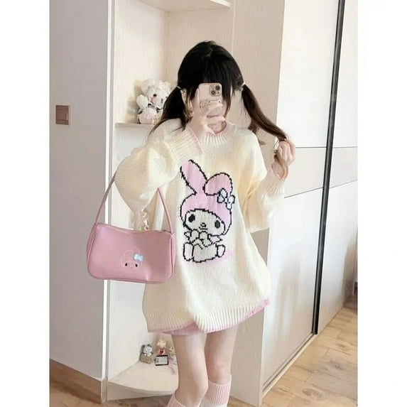 Kawaii Anime Sanrio My Melody Printed Sweater Cute Cartoon Character Knit Loose-Fitting Warm Top Girls Gift