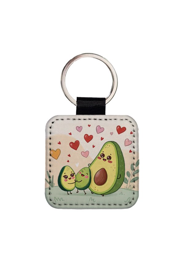 Kawaii Avocadoes And Hearts Faux Leather Square Keychain
