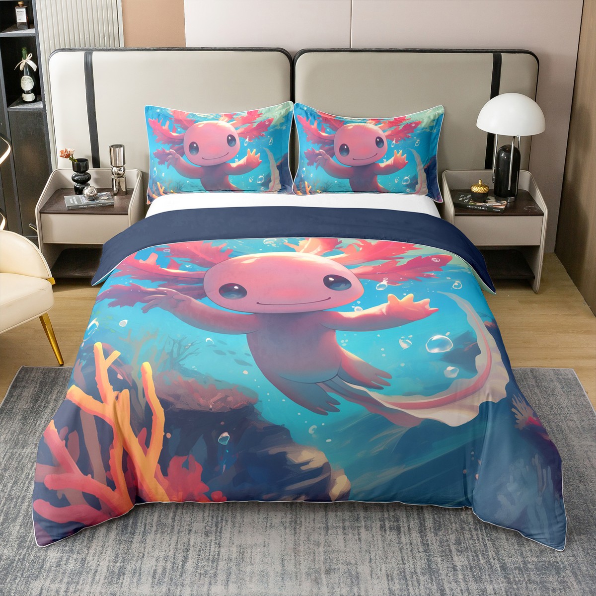 Kawaii Axolotl 100 Cotton Bedding Set Tropical Sealife Duvet Cover 