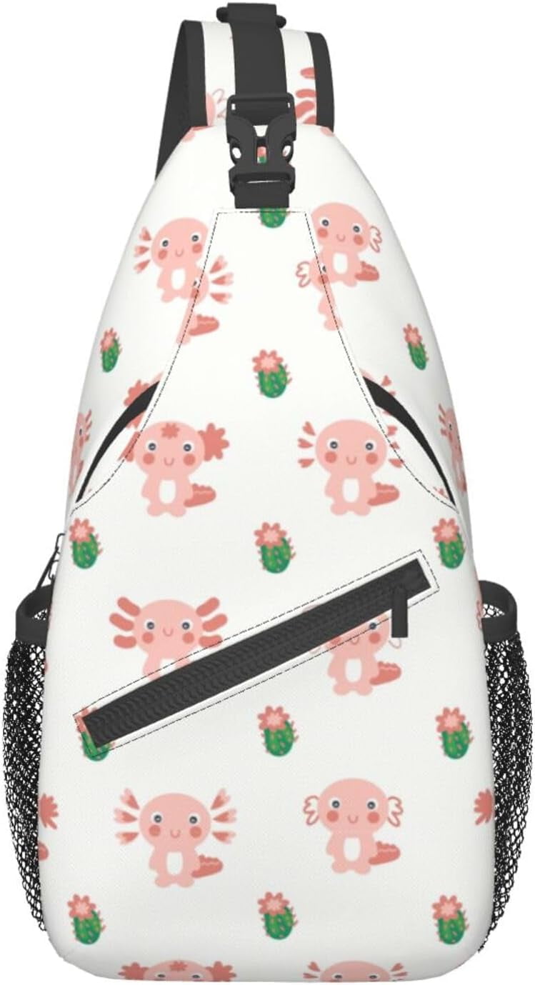 Kawaii Axolotl Animal Pattern Sling Bag Crossbody Hiking Travel Chest Bags Backpack Shoulder Daypack for Women Men