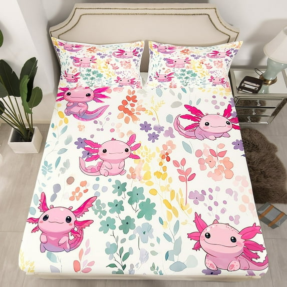 Kawaii Axolotl Bedding Set Twin Size,Cartoon Axolotl Reptile Fitted Sheet,Cute Watercolor Flower Bottom Sheets Floral Animal Bed Set 2Pcs (No Top Sheet)