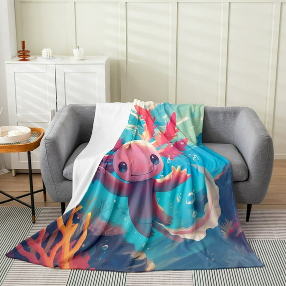 Kawaii Axolotl Fleece Blanket Teens Adults,Tropical Sealife Throw Blanket 40x50 Inch Sofa Bed Couch Decor,Cute Salamander Flannel Blanket,Marine Animal Bed Blanket