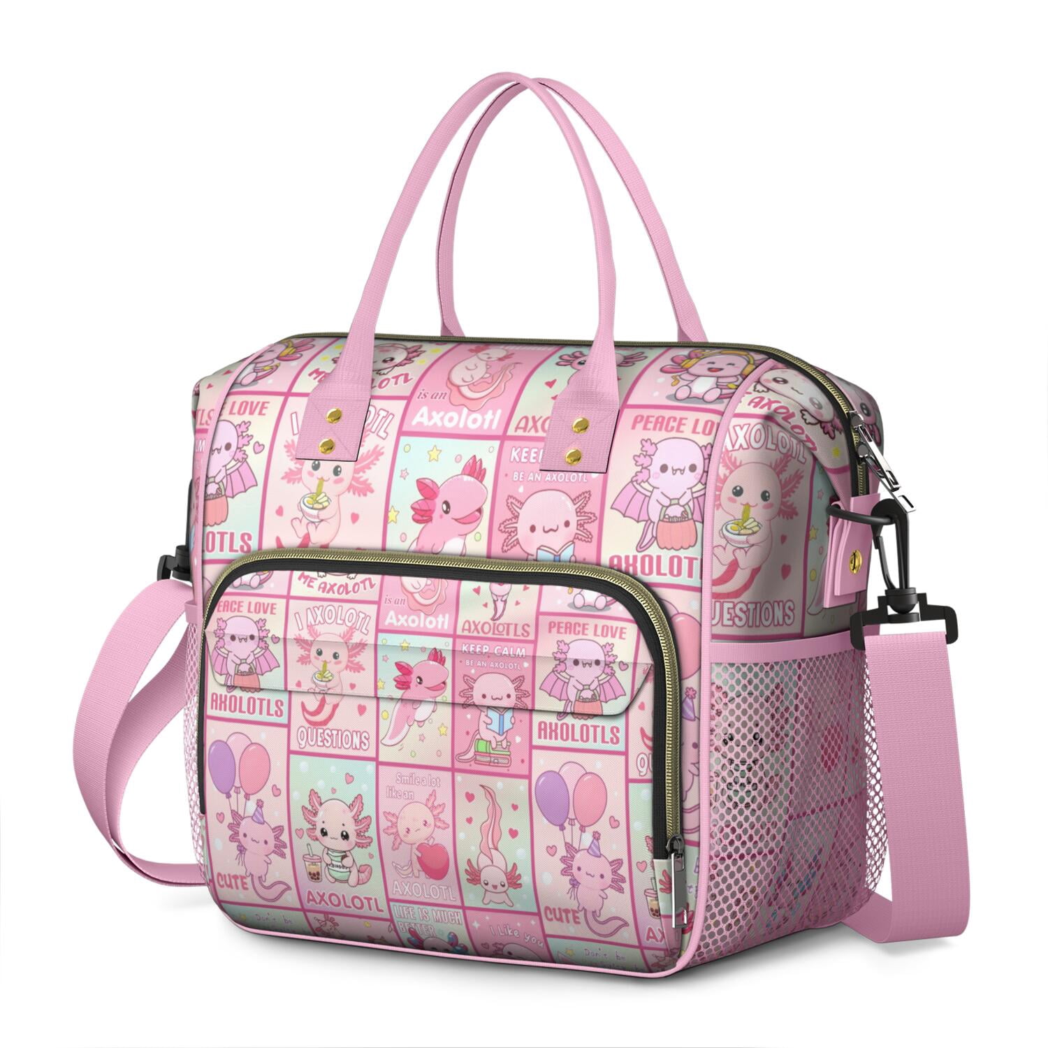 Kawaii Axolotl Insulated Lunch Bag – Cute Cartoon Leakproof Cooler Tote with Fantasy Creature Design, Reusable Lunch Box for School, Work, or Gift Giving