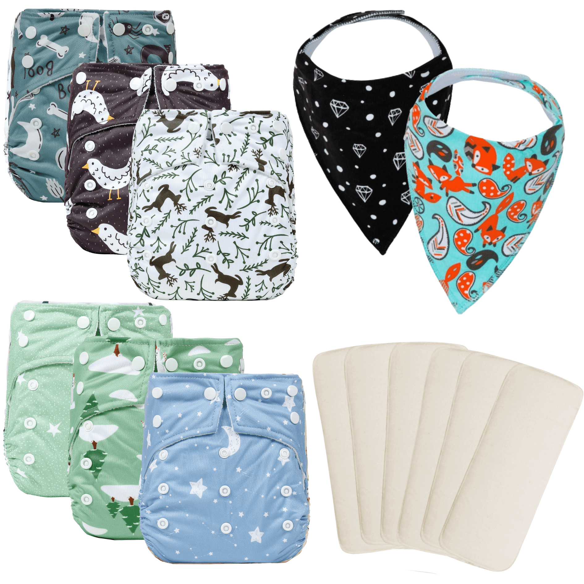 Kawaii Baby Cloth Diaper Bundle  6 Pocket Style with 6  Bamboo Inserts 8-36 lbs | Plus 2 Bibs | Daily & Feeding Use