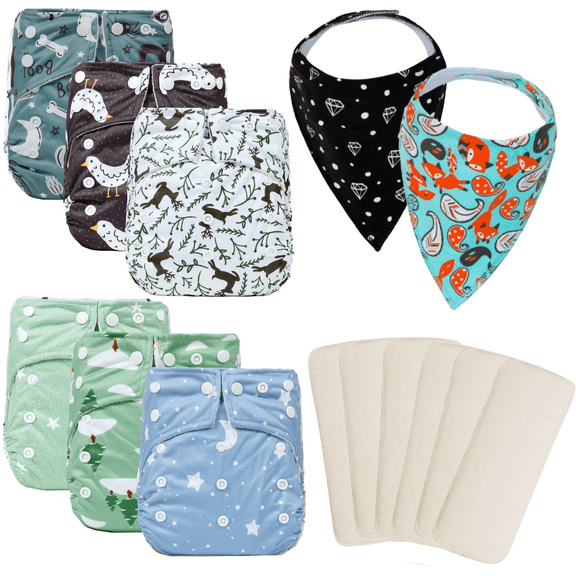 Kawaii Baby Cloth Diaper Bundle 6 Pocket Style with 6 Bamboo Inserts 8-36 lbs | Plus 2 Bibs | Daily & Feeding Use