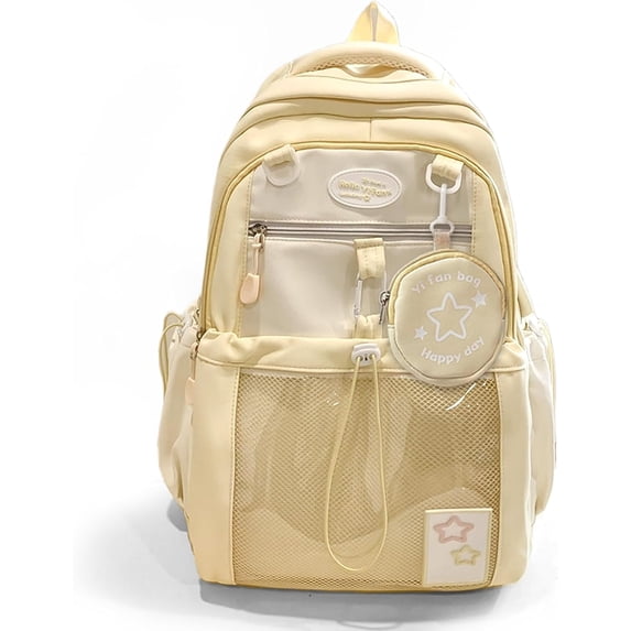 Kawaii Backpack Double Shoulder Bag with Cute Star Removable Pouch Small Clear Front Pocket Large Capacity Fits 16" Laptop Dopamine Colors Daypack (Pink)