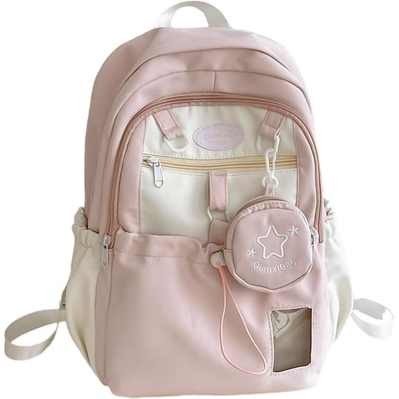 Kawaii Backpack Double Shoulder Bag with Cute Star Removable Pouch Small Clear Front Pocket Large Capacity Fits 16" Laptop Dopamine Colors Daypack (Pink)