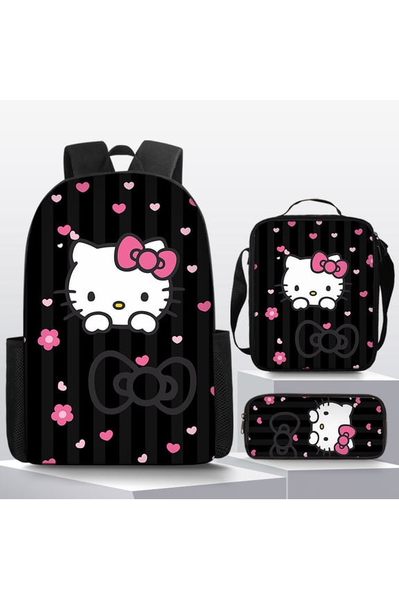 Kawaii Backpack Set 3PCS Backpack with Lunch Box & Pencil Pouch Lightweight Large Kawaii Kitty Cat Capacity Travel Backpack 16IN