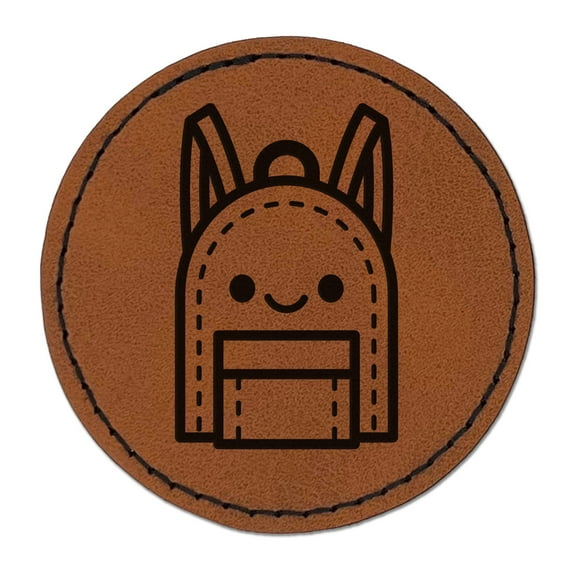 Kawaii Backpack Teacher School 2.5" Faux Leather Round Engraved Iron-On Patch - Brown