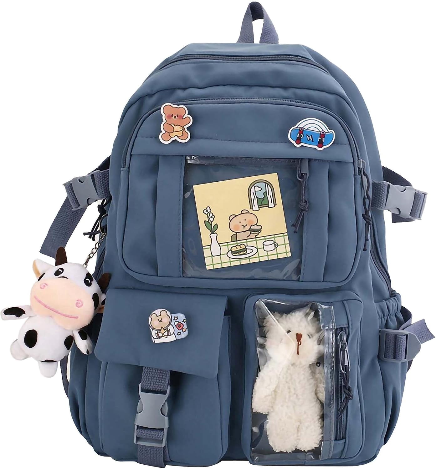 Kawaii Backpack With Plush Pendant & Pins - Cute Aesthetic School Backpack For Girls, Pink, Fits 15.6" Laptop, Large Capacity