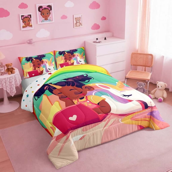 Kawaii Ballet Girl Comforter Set Twin Magical Black Girls Twin Bedding, Pink Bedding Comforter Sets Princess Dancer Duvet, Melody Music Notes Quilted Comforter Cute Girl Bedroom Decor Soft Cozy 2pcs