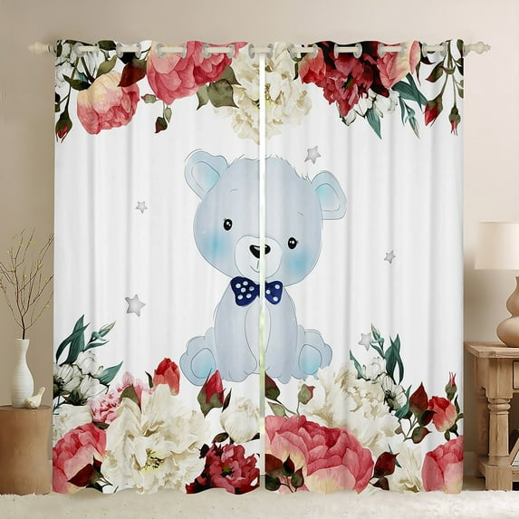 Kawaii Bear Blackout Curtains Cartoon Wild Jungle Animals Curtains & Drapes,Light Blue Big Cat Window Curtains,Red White Flowers Window Treatments Star Galaxy Bedroom Decor