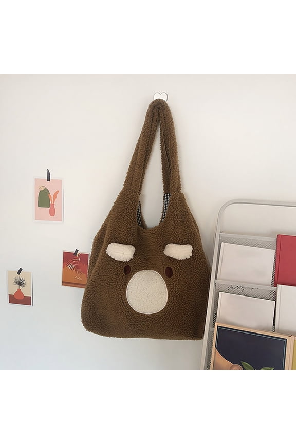 Kawaii Bear Fluffy Tote Bag With 3D Ears And Embroidered Face, Cute Plush Shoulder Handbag With Spacious Interior For Women Girls Daily Use School Work Shopping Or Casual Outings