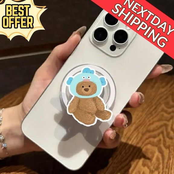 Kawaii Bear Magsafe Phone Stand, Cute Bear in Blue Hood Magnetic Phone Grip, Fun Phone Holder, Gift for Teens & Kids, MagSafe Compatible