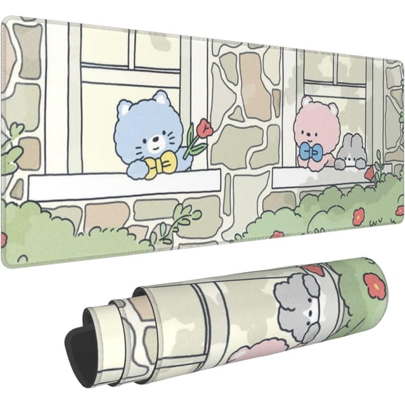 Kawaii Bears Mouse Pad - Blue and Pink Bears and Grey Rabbits Gaming Keyboard Pad, Large Anime Extended Non-Slip Rubber Base Desk Mat for Boys Girls Children (31.5"x11.8")