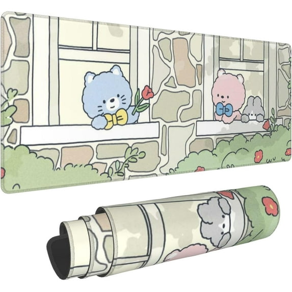 Kawaii Bears Mouse Pad - Blue and Pink Bears and Grey Rabbits Gaming Keyboard Pad, Large Anime Extended Non-Slip Rubber Base Desk Mat for Boys Girls Children (31.5"x11.8")