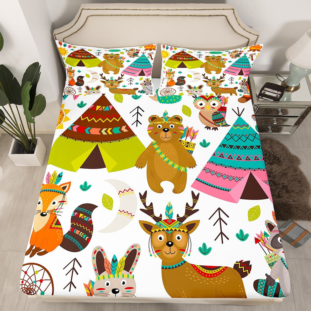 Kawaii Bed Sheets Bohemian Dream Catchers Fitted Sheet Twin,African Fox