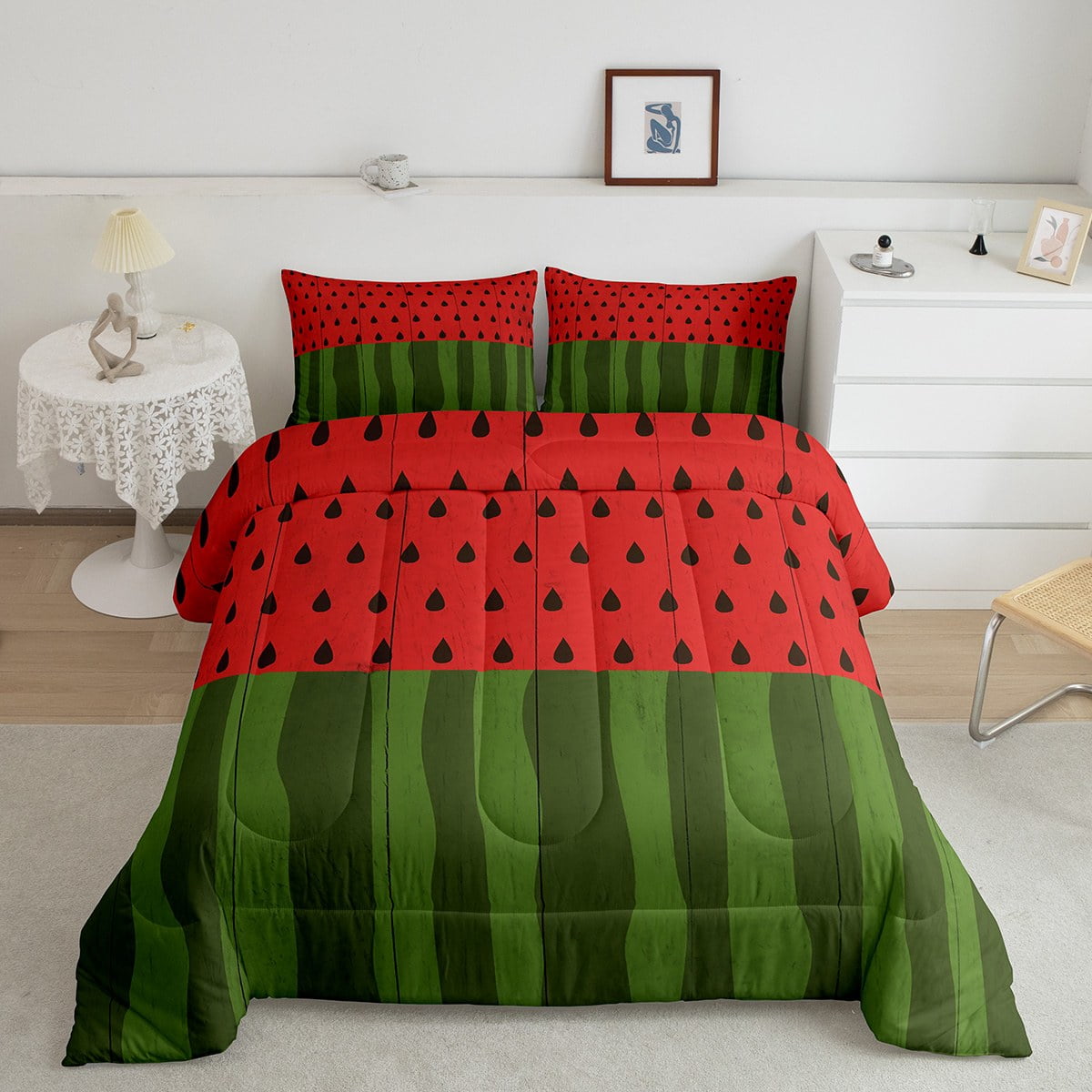 Kawaii Bedding Set Watermelon Comforter Set King for Boys,Red Green