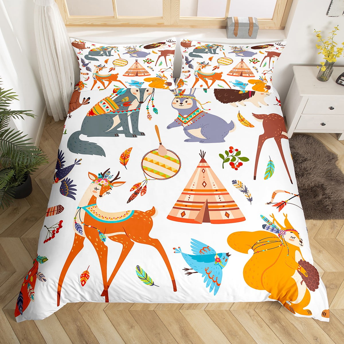 Kawaii Bedding Set Woodland Animals Bohemian Duvet Cover Full,African