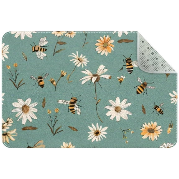 Kawaii Bees and Daisy Flowers Entryway Rug, 2x3 Area Rug Indoor Door Mat Non-slip Washable Floor Carpet Rug for Bedroom Office Dining Room Bathroom