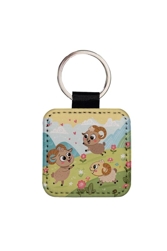 Kawaii Bighorn Sheep Faux Leather Square Keychain